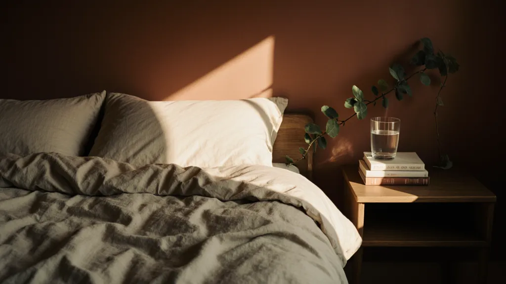 A calm bedroom at dawn
